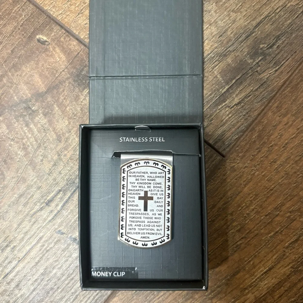 NWT Stainless Steel Religious Money Clip Lord’s Prayer Cross